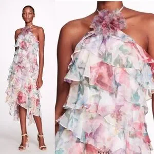 Marchesa Notte ドレス chiffon フローラルプリント○送料無料○ MARCHESA NOTTE シフォン ロングドレス ケープ風 プリーツ入り